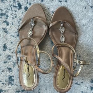 Gold Satin Dress Kitten Heels with Rhinestone Detailing